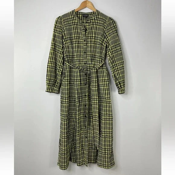 Whistles Nora Gingham Check Midi Dress UK 10 Yellow Seersucker Belted - Picture 2 of 5